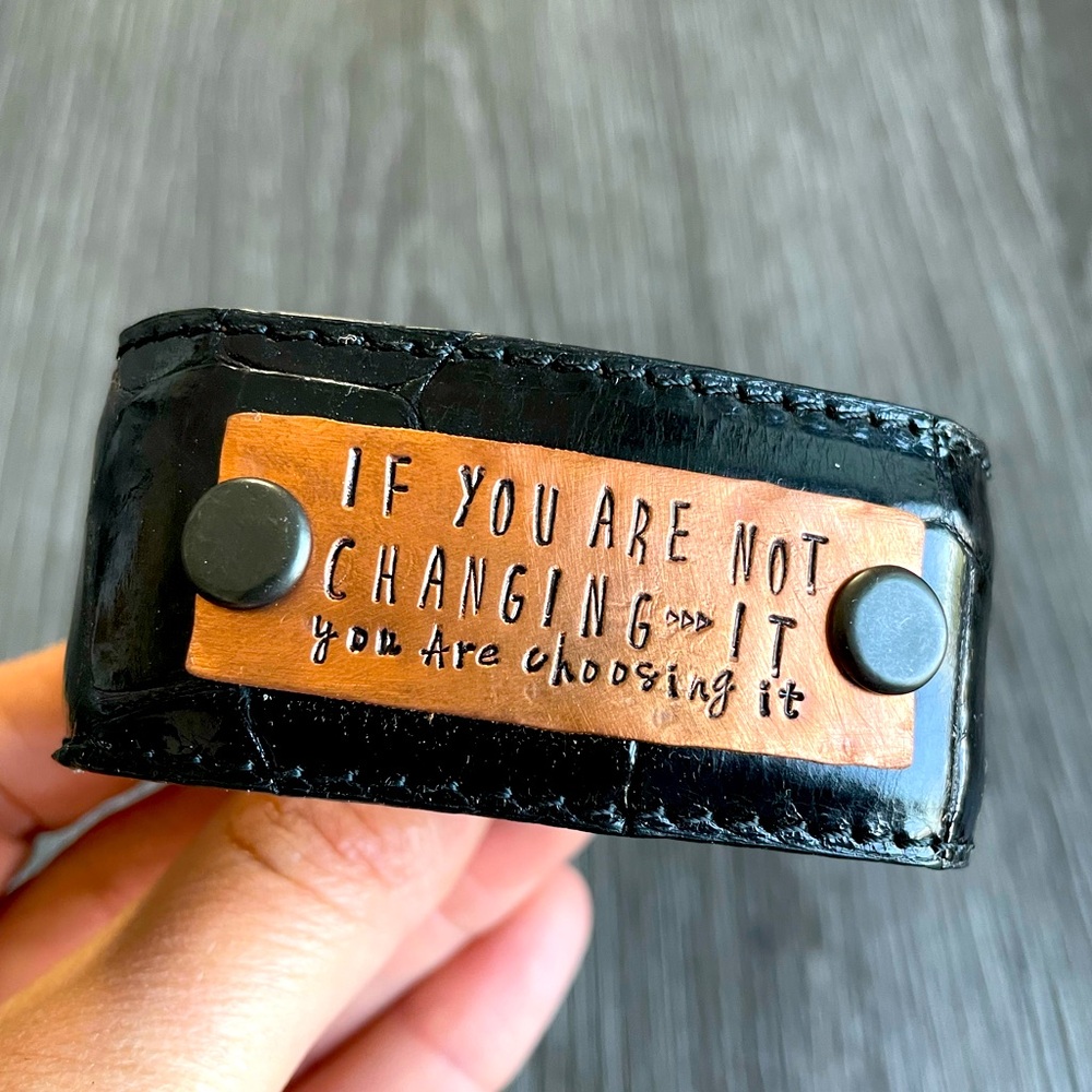 Handmade Leather and Copper quote bracelet